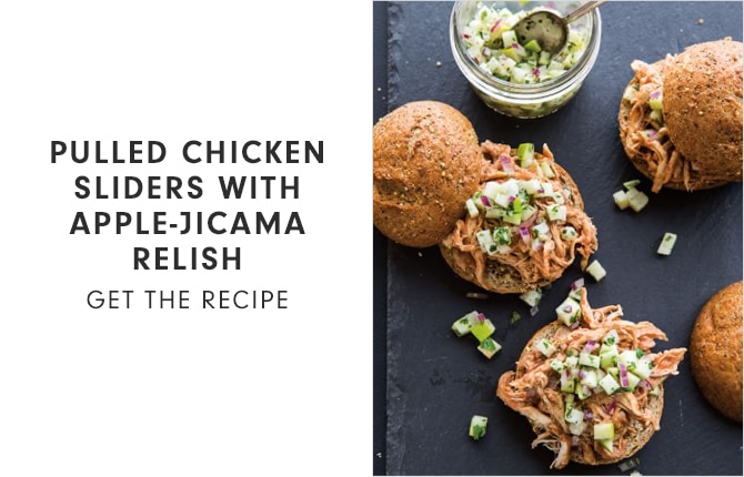 PULLED CHICKEN SLIDERS WITH APPLE-JICAMA RELISH - GET THE RECIPE