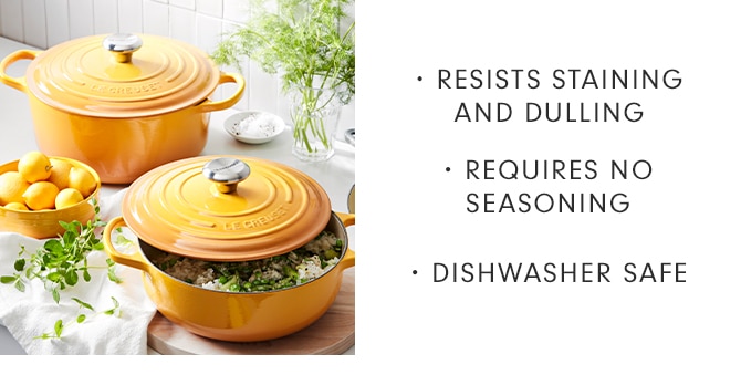 RESISTS STAINING AND DULLING - REQUIRES NO SEASONING - DISHWASHER SAFE