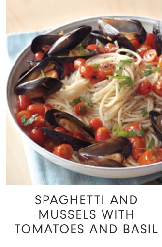 SPAGHETTI AND MUSSELS WITH TOMATOES AND BASIL