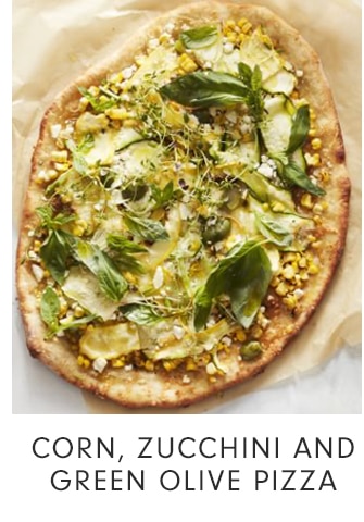 CORN, ZUCCHINI AND GREEN OLIVE PIZZA