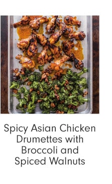 Spicy Asian Chicken Drumettes with Broccoli and Spiced Walnuts