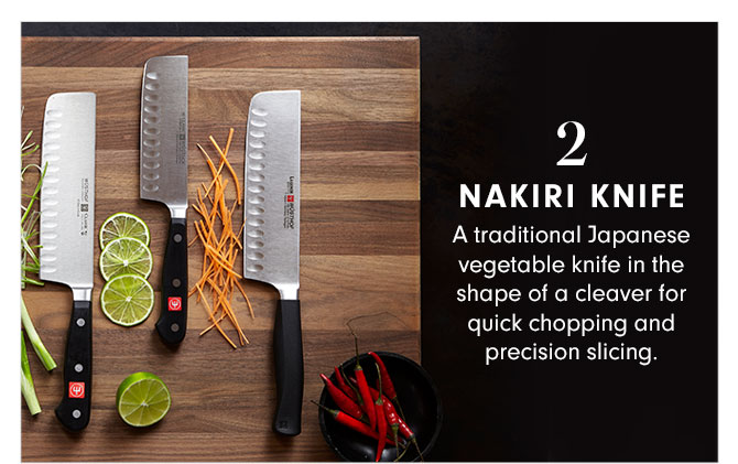 2-Nakiri Knife - A traditional Japanese vegetable knife in the shape of a cleaver for quick chopping and precision slicing.