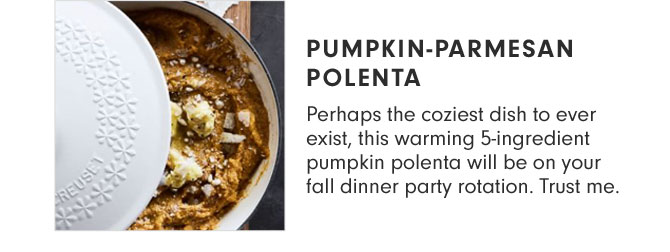 PUMPKIN-PARMESAN POLENTA - Perhaps the coziest dish to ever exist, this warming 5-ingredient pumpkin polenta will be on your fall dinner party rotation. Trust me.