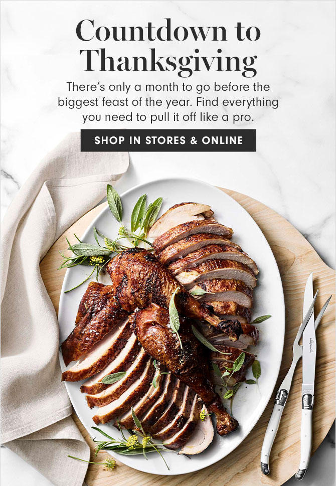 Countdown to Thanksgiving - There’s only a month to go before the biggest feast of the year. Find everything you need to pull it off like a pro. SHOP IN STORES & ONLINE