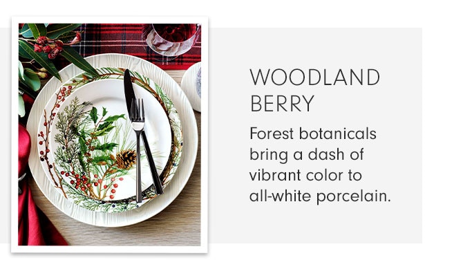 WOODLAND BERRY - Forest botanicals bring a dash of vibrant color to all-white porcelain.