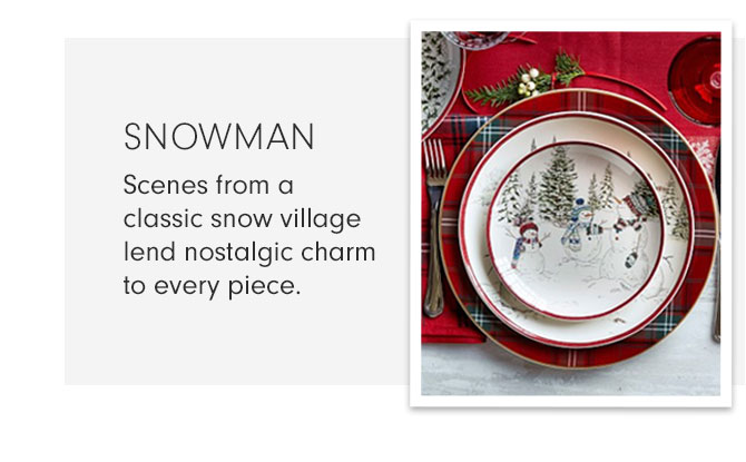 SNOWMAN - Scenes from a classic snow village lend nostalgic charm to every piece.