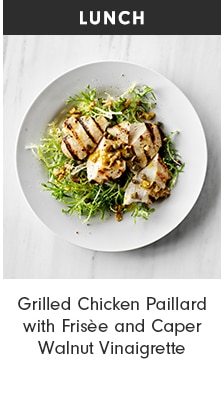 Grilled Chicken Paillard with Frisée and Caper Walnut Vinaigrette