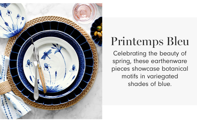 Printemps Bleu - Celebrating the beauty of spring, these earthenware pieces showcase botanical motifs in variegated shades of blue.