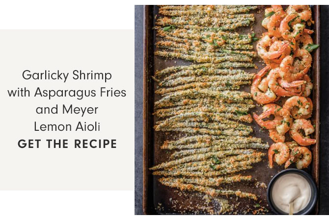 Garlicky Shrimp with Asparagus Fries and Meyer Lemon Aioli - GET THE RECIPE