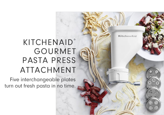 KITCHENAID® GOURMET PASTA PRESS ATTACHMENT - Five interchangeable plates turn out fresh pasta in no time.