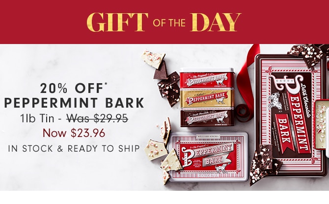 GIFT OF THE DAY - 20% OFF* PEPPERMINT BARK 1lb Tin - Was $29.95 Now $23.96