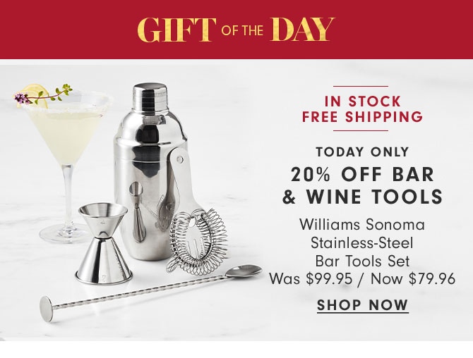 GIFT OF THE DAY - TODAY ONLY 20% OFF BAR & WINE TOOLS - Williams Sonoma Stainless-Steel Bar Tools Set Now $79.96 - SHOP NOW