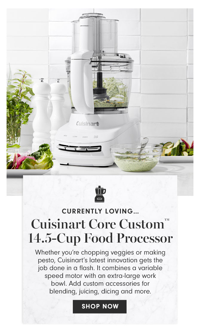 CURRENTLY LOVING…Cuisinart Core Custom™ 14.5-Cup Food Processor - Whether you’re chopping veggies or making pesto, Cuisinart's latest innovation gets the job done in a flash. It combines a variable speed motor with an extra-large work bowl. Add custom accessories for blending, juicing, dicing and more. SHOP NOW