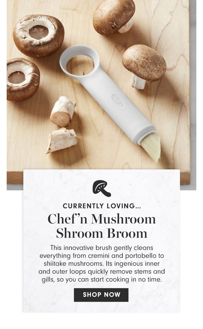 CURRENTLY LOVING… Chef’n Mushroom Shroom Broom - This innovative brush gently cleans everything from cremini and portobello to shiitake mushrooms. Its ingenious inner and outer loops quickly remove stems and gills, so you can start cooking in no time. SHOP NOW