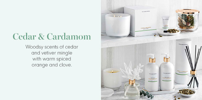 Cedar & Cardamom - Woodsy scents of cedar and vetiver mingle with warm spiced orange and clove.