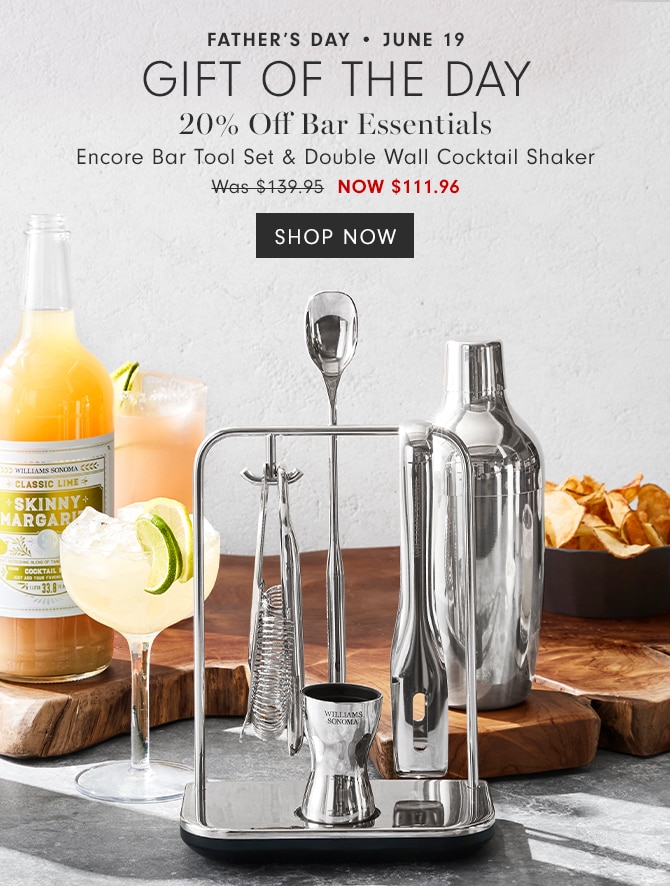 FATHER’S DAY • JUNE 19 - GIFT OF THE DAY - 20% Off Bar Essentials - Encore bar Tools Set & Double Wall Cocktail Shaker NOW $111.96 - SHOP NOW