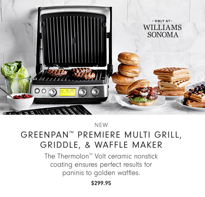 NEW Greenpan™ Premiere Multi Grill, Griddle, & Waffle Maker - The Thermolon™ Volt ceramic nonstick coating ensures perfect results for paninis to golden waffles. $299.95