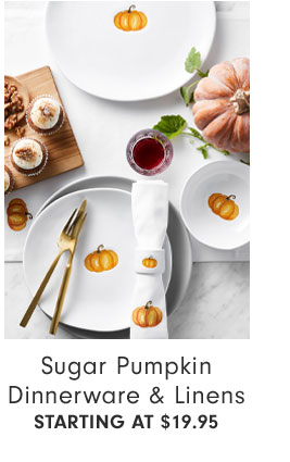 Sugar Pumpkin Dinnerware & Linens STARTING AT $19.95