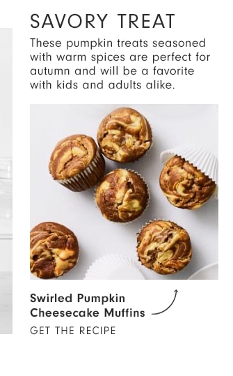 SAVORY TREAT - Swirled Pumpkin Cheesecake Muffins - get the recipe