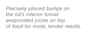 Precisely placed bumps on the lid’s interior funnel evaporated juices on top of food for moist, tender results.