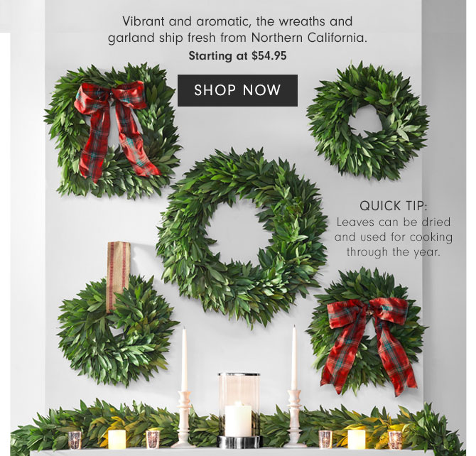 Vibrant and aromatic, the wreaths and garland ship fresh from Northern California. Starting at $54.95 - Shop Now