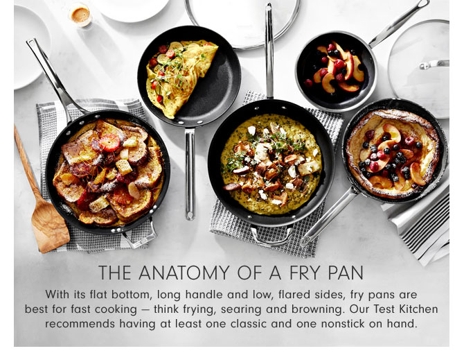 The Anatomy of a Fry Pan - With its flat bottom, long handle and low, flared sides, fry pans are best for fast cooking — think frying, searing and browning. Our Test Kitchen recommends having at least one classic and one nonstick on hand.