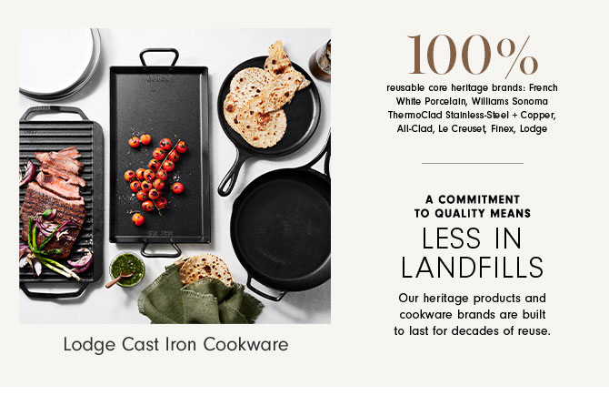 Lodge Cast Iron Cookware - 100% reusable core heritage brands: French White Porcelain, Williams Sonoma ThermoClad Stainless-Steel + Copper, All-Clad, Le Creuset, Finex, Lodge