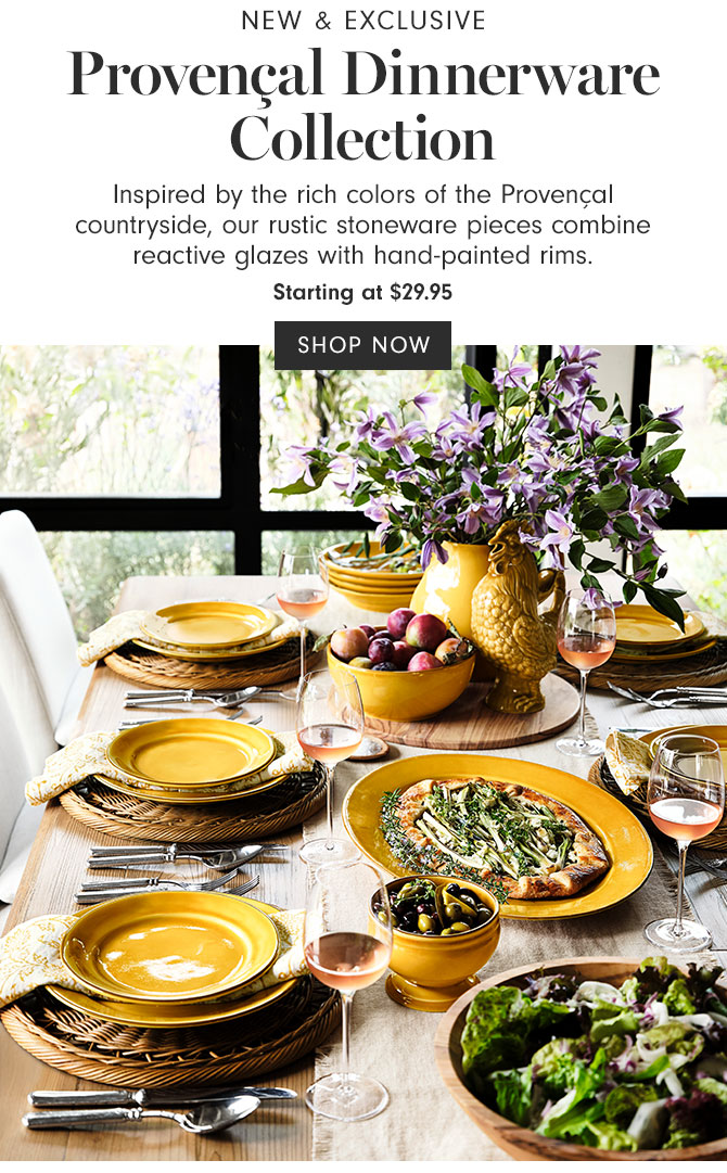NEW EXCLUSIVE Provencal Dinnerware Collection Inspired by the rich colors of the Provencal countryside, our rustic stoneware pieces combine reactive glazes with hand-painted rims. Starting at $29.95 