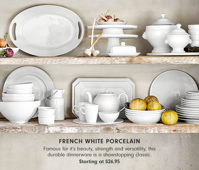 French White Porcelain - Famous for it’s beauty, strength and versatility, this durable dinnerware is a showstopping classic. Starting at $26.95