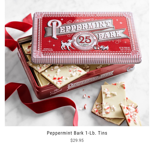 Peppermint Bark 1-Lb. Tins. $29.95.