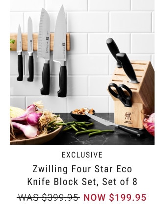 EXCLUSIVE. Zwilling Four Star Eco Knife Block Set, Set of 8. WAS $399.95. NOW $199.95.