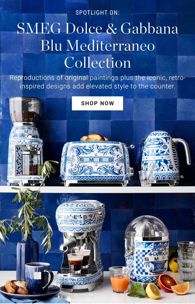 Spotlight On: SMEG Dolce & Gabbana Blu Mediterraneo Collection. Reproductions of original paintings plus the iconic, retro-inspired designs add elevated style to the counter. Shop now