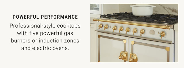 POWERFUL PERFORMANCE Professional-style cooktops with five powerful gas burners or induction zones and electric ovens.