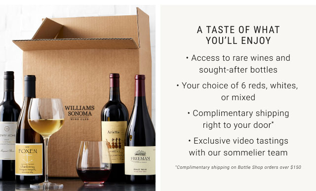 A Taste of What You'll Enjoy - Access to rare wines and sought-after bottles - Your choice of 6 reds, whites, or mixed - Complimentary shipping right to your door - Exclusive video tastings with our sommelier team - Complimentary shipping on Bottle Shop orders over $150