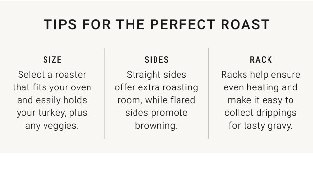 Tips for the perfect Roast - SIZE - Select a roaster that fits your oven and easily holds your turkey, plus any veggies. / sides - Straight sides offer extra roasting room, while flared sides promote browning. / rack - Racks help ensure even heating and make it easy to collect drippings for tasty gravy.