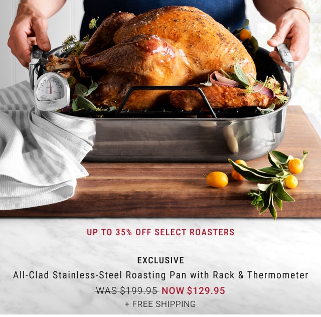 Up to 35% off select roasters - EXCLUSIVE - All-Clad Stainless-Steel Roasting Pan with Rack & Thermometer NOW $129.95 + FREE SHIPPING