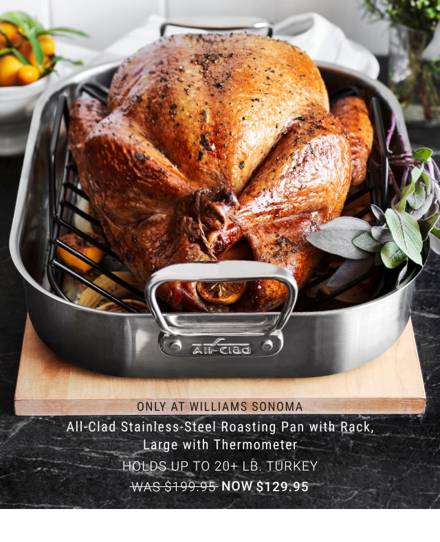 All-Clad Stainless-Steel Roasting Pan with Rack, Large with Thermometer - Now $129.95