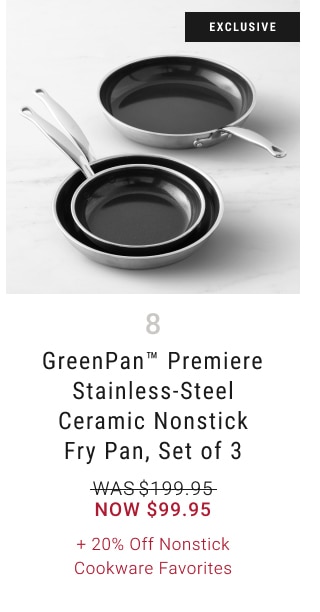 8. GreenPan™ Premiere Stainless-Steel Ceramic Nonstick Fry Pan, Set of 3 - Now $99.95 + 20% Off Nonstick Cookware Favorites