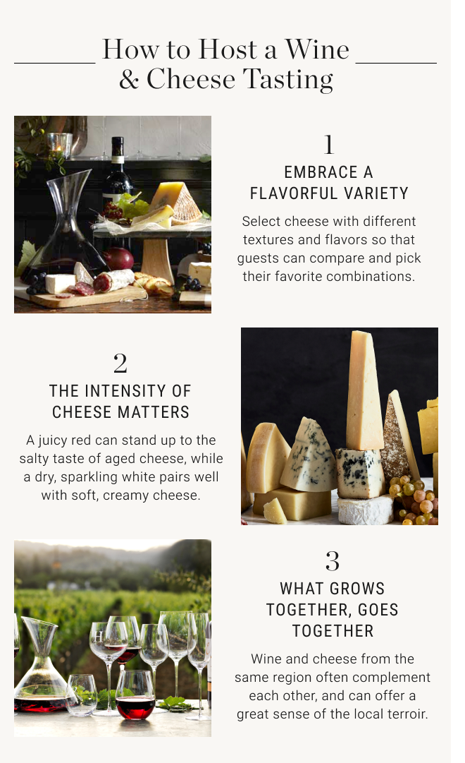 How to Host a Wine & Cheese Tasting: 1. EMBRACE A FLAVORFUL VARIETY - Select cheese with different textures and flavors so that guests can compare and pick their favorite combinations. - 2. THE INTENSITY OF CHEESE MATTERS - A juicy red can stand up to the salty taste of aged cheese, while a dry, sparkling white pairs well with soft, creamy cheese. - 3. WHAT GROWS TOGETHER, GOES TOGETHER - Wine and cheese from the same region often complement each other, and can offer a great sense of the local terroir.