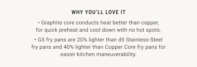 WHY YOU’LL LOVE IT - Graphite core conducts heat better than copper, for quick preheat and cool down with no hot spots. • G5 fry pans are 20% lighter than d5 Stainless-Steel fry pans and 40% lighter than Copper Core fry pans for easier kitchen maneuverability.