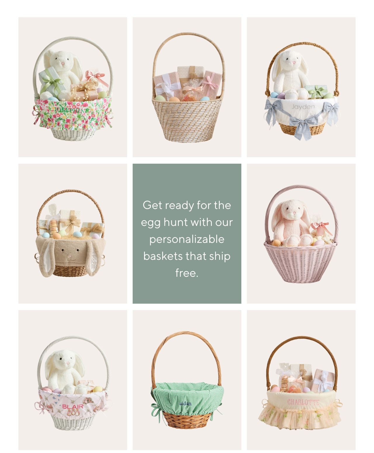 Get ready for the egg hunt with our personalizable baskets that ship free.