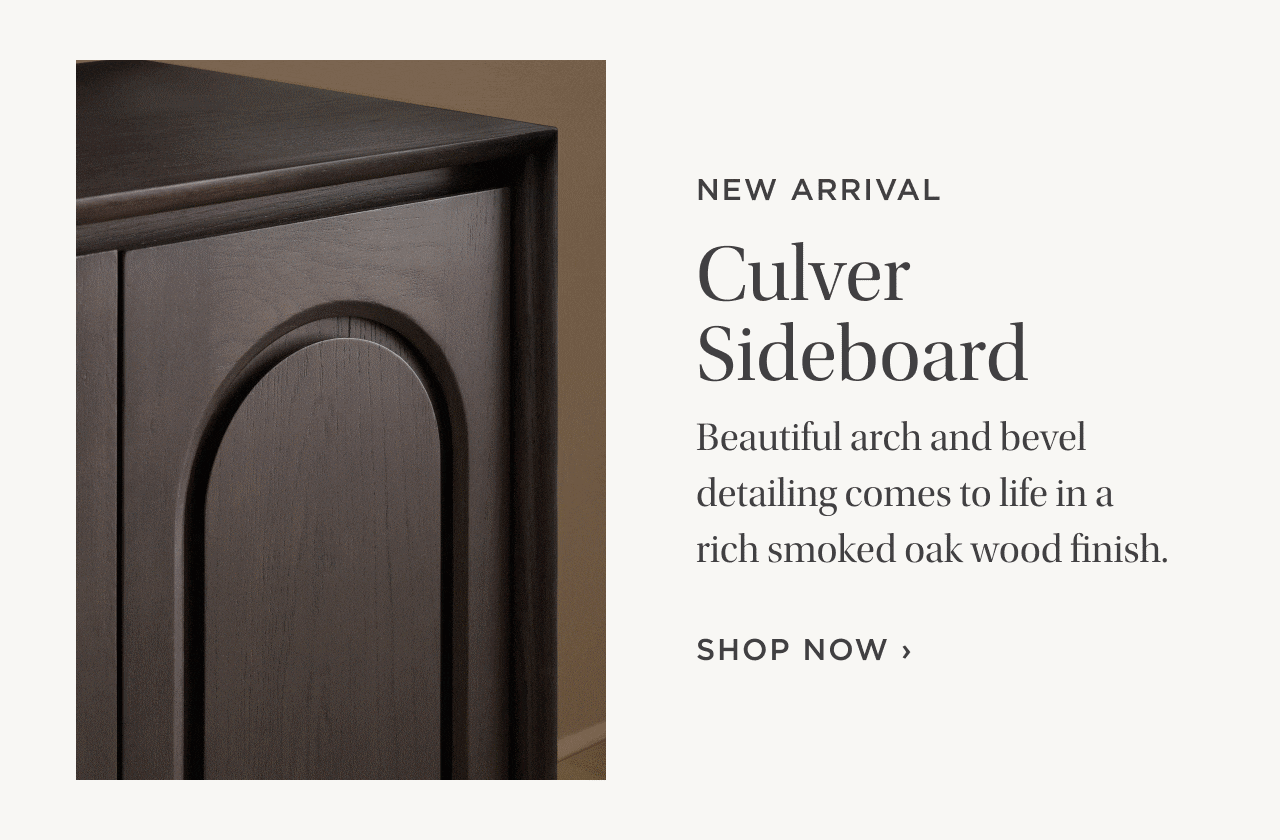 New Arrival - Culver Sideboard - Beautiful arch and bevel detailing comes to life in a rich smoke oak wood finish. - Shop now